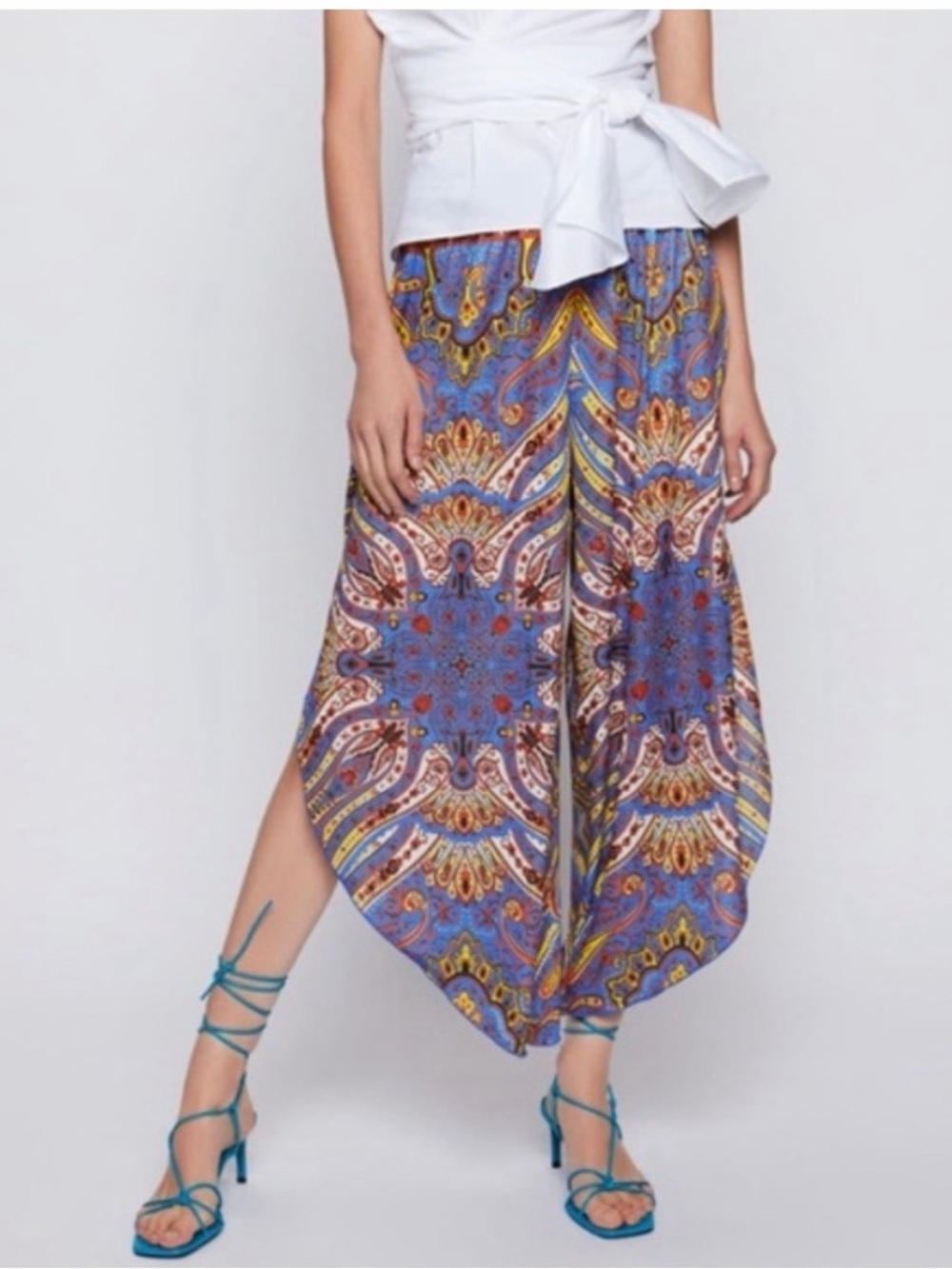 Zara Women’s Blue Multicolor Paisley Wide-Leg Palazzo Scarf Pants Small
